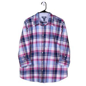 Chaps Ralph Lauren Women's Shirt Button Up Plaid Flip Cuffs Preppy No Iron Top L